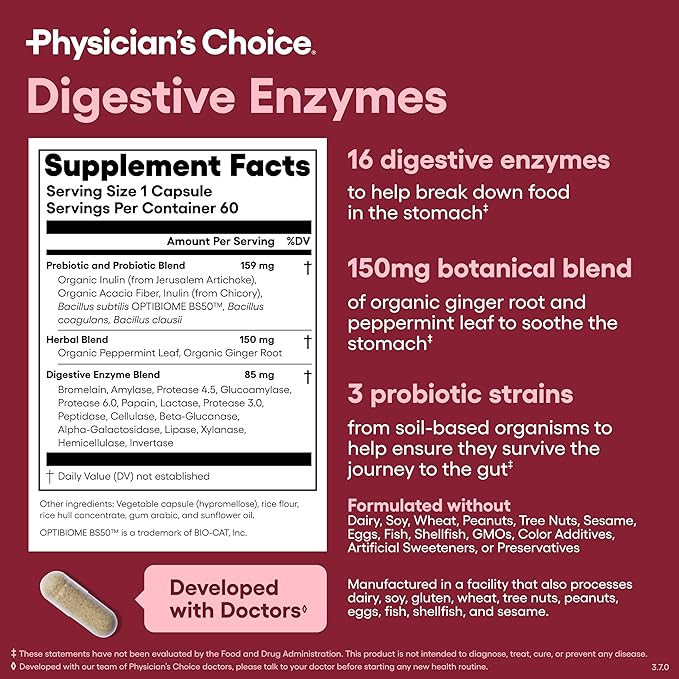 Physician’s Choice Digestive Enzymes – Enzimas Digestivas con Probióticos y Prebióticos (60 cápsulas)