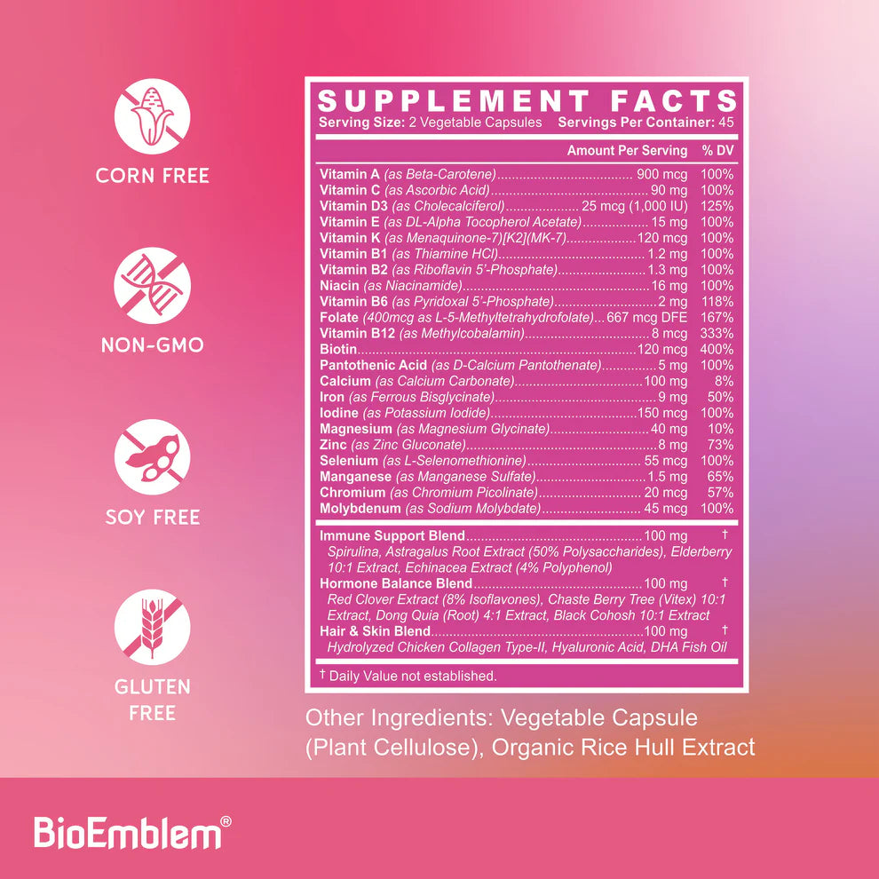 BioEmblem Multivitamínico completo para mujer, 90 cápsulas